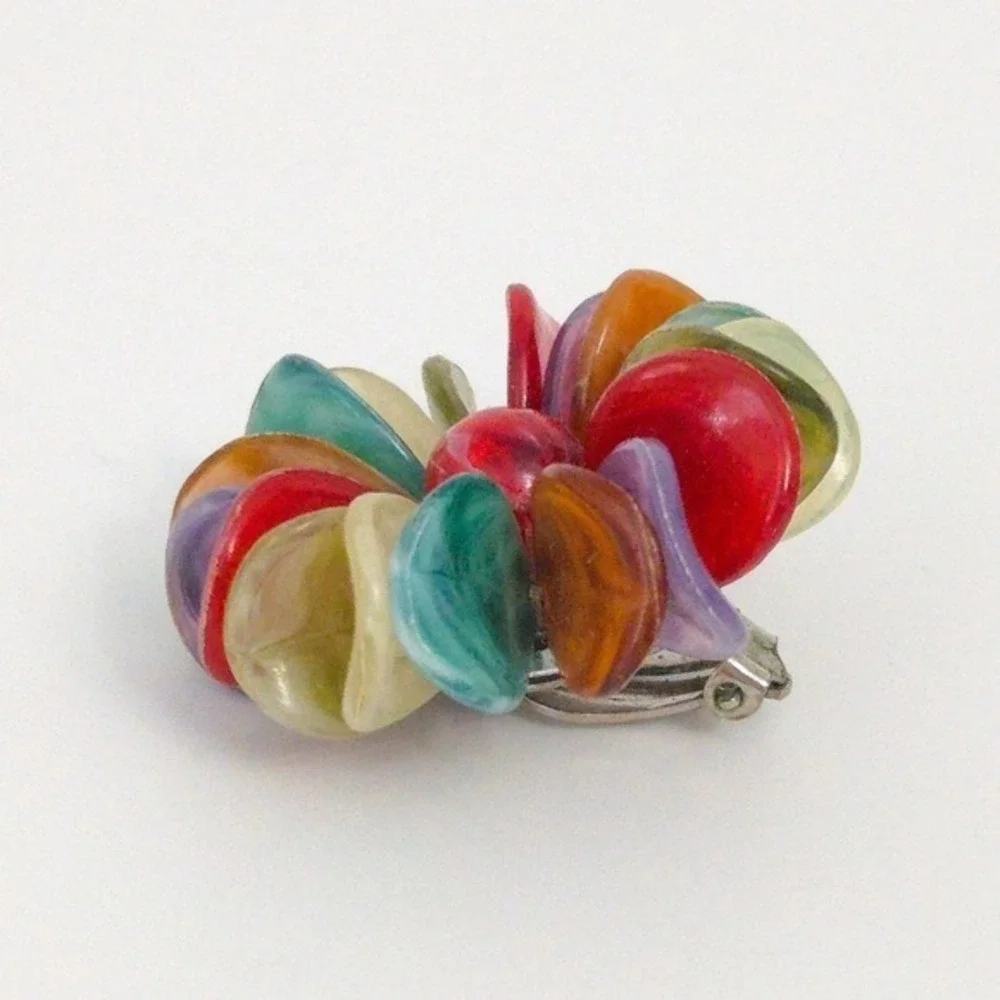 Vintage Beaded Floral & Wooden Teardrop Dangle‎ Boho Clip Earrings (Set of 2)